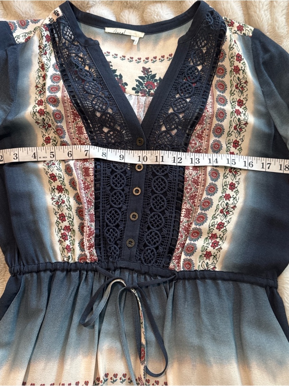 Anthropologie Floreat Boho Border Print Midi Dress Crochet Bib Tassel Tie Size 4 - Picture 9 of 12